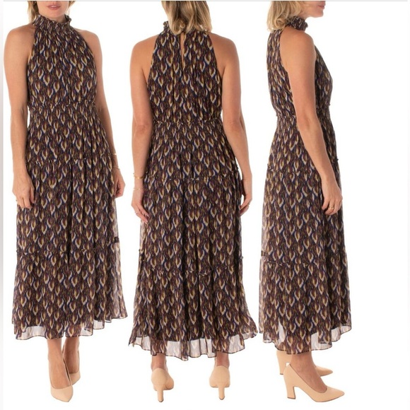 TAYLOR Navy/violet multi halter‎ neck chiffon tiered dress size 8. - Picture 1 of 14